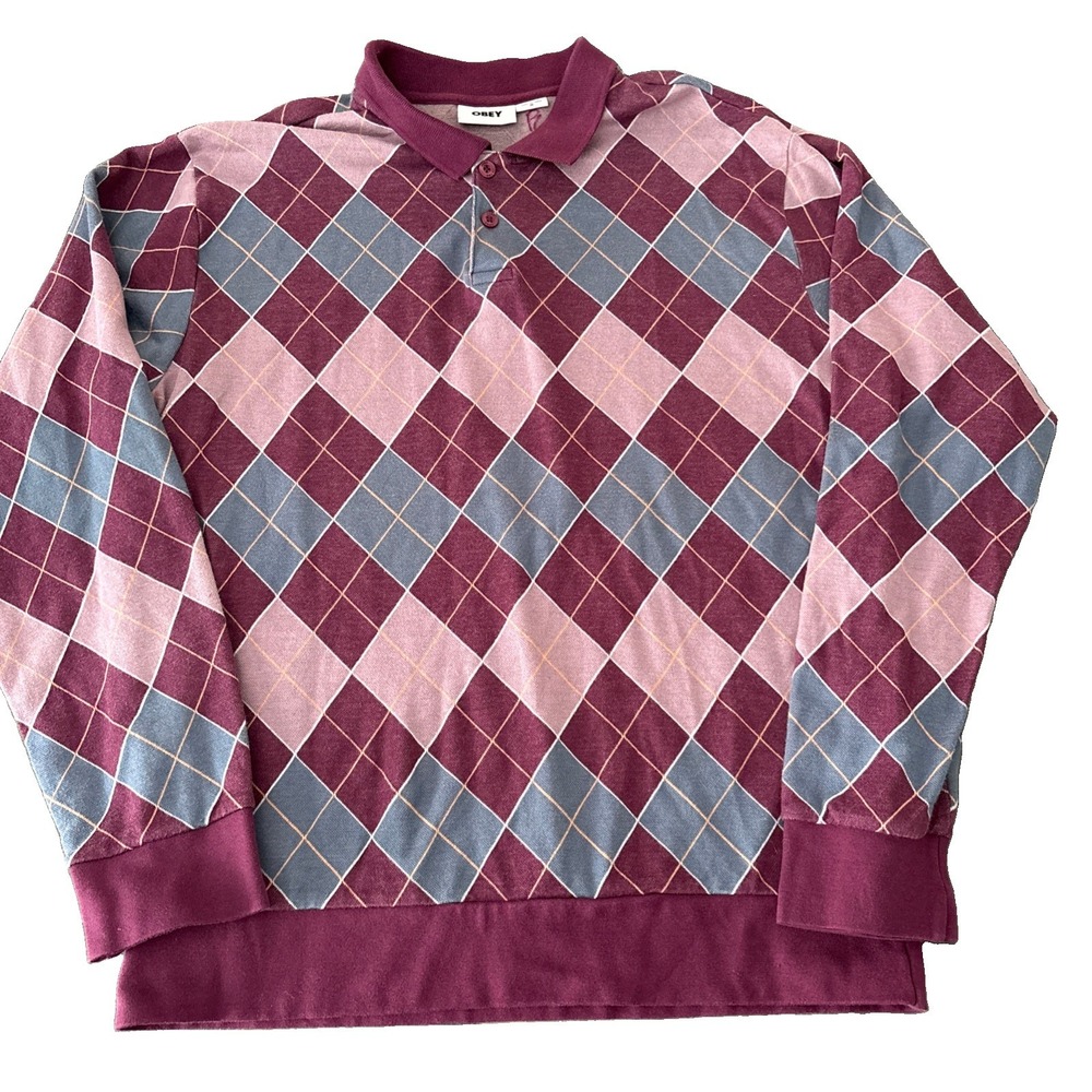 Obey Mens Medium Long Sleeve Polo Shirt Argyle pattern 100% cotton preppy